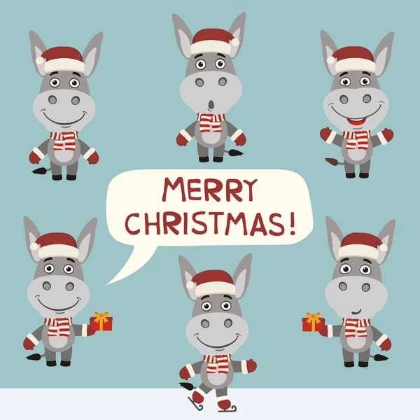 Veselé Vánoční Pohlednici Sada Roztomilý Oslů Santa Klobouky Různými Emocemi — Stockový vektor