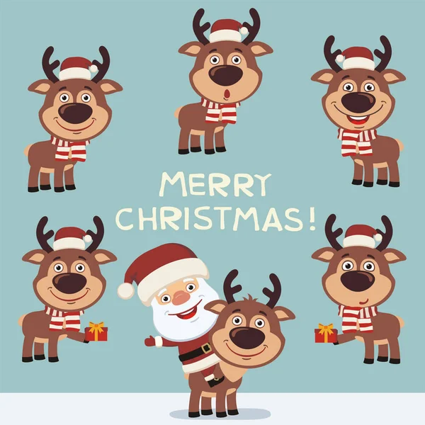 Veselé Vánoční Pohlednici Roztomilé Soby Santa Clause — Stockový vektor