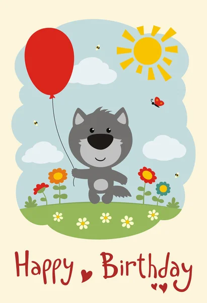 Cartão Saudação Com Personagem Engraçado Bonito Dos Desenhos Animados Lobo —  Vetores de Stock