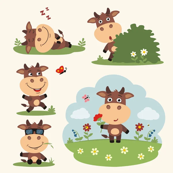 Reihe Von Niedlichen Cartoon Figuren Von Kühen Genießen Den Sommer — Stockvektor