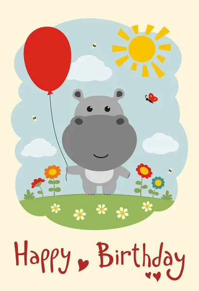Cartão Saudação Com Personagem Engraçado Bonito Dos Desenhos Animados Hipopótamo —  Vetores de Stock