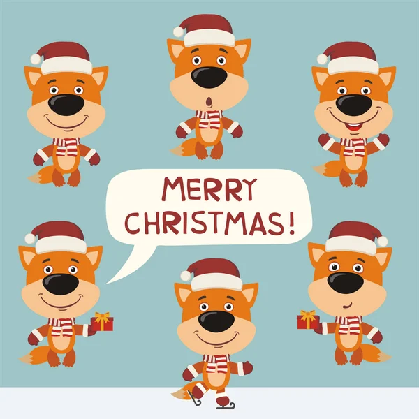 Veselé Vánoční Pohlednici Sada Roztomilé Lišky Santa Klobouky Různými Emocemi — Stockový vektor