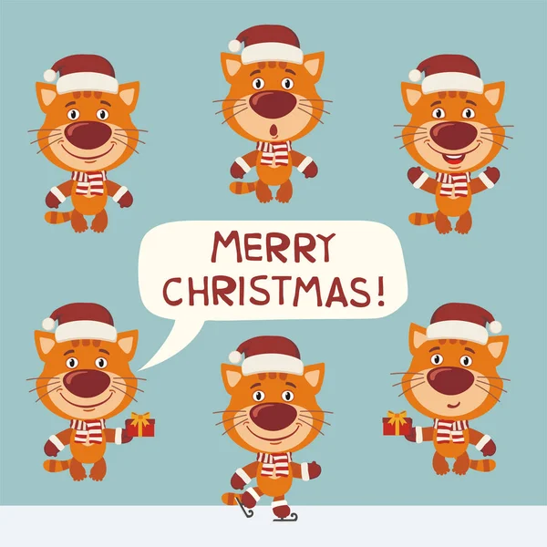 Veselé Vánoční Pohlednici Sada Roztomilých Koček Santa Klobouky Různými Emocemi — Stockový vektor