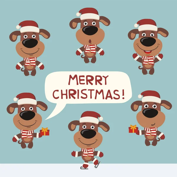 Feliz Navidad Tarjeta Felicitación Con Conjunto Perros Lindos Sombreros Santa — Vector de stock