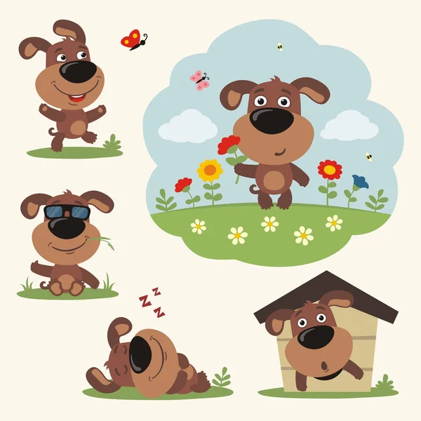Set Cute Cartoon Characters Dogs Enjoying Summer Different Poses Meadow — Stock Vector