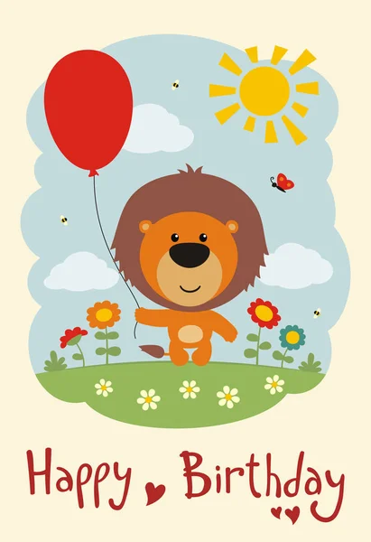 Greeting Card Cute Funny Cartoon Character Lion Red Balloon Flower — Stock Vector