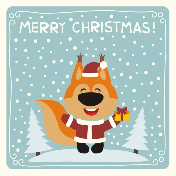 Merry Christmas Kartkę Życzeniami Cute Cartoon Charakter Wiewiórka Czerwony Kostium — Wektor stockowy