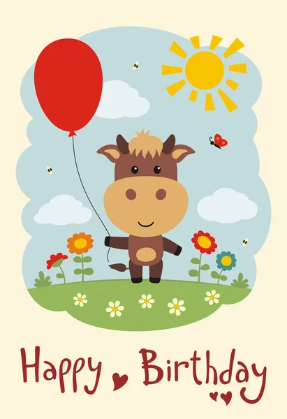 Cartão Saudação Com Personagem Engraçado Bonito Dos Desenhos Animados Vaca —  Vetores de Stock