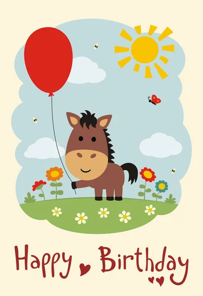 Greeting Card Cute Funny Cartoon Character Horse Red Balloon Flower — Stock Vector