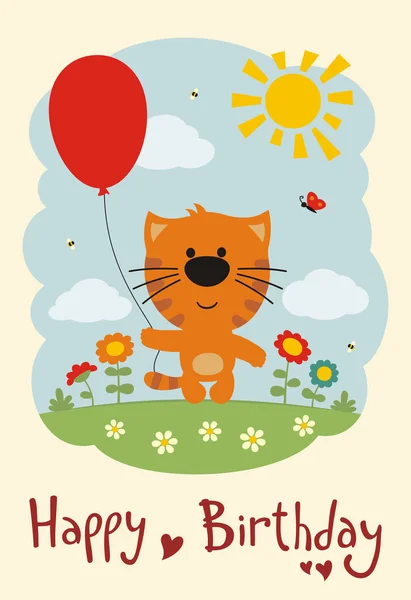 Greeting Card Cute Funny Cartoon Character Kitten Red Balloon Flower — Stock Vector