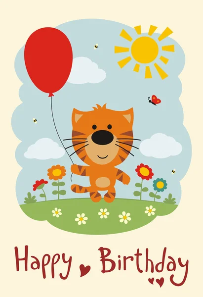 Greeting Card Cute Funny Cartoon Character Tiger Red Balloon Flower — Stock Vector