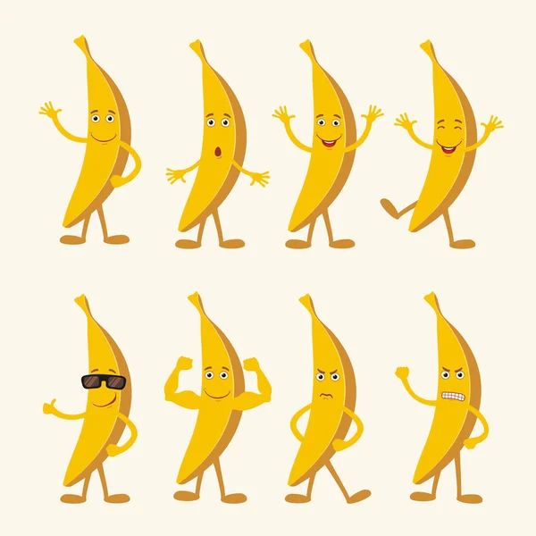 Conjunto Bananas Amarelas Estilo Dos Desenhos Animados Com Emoções Diferentes —  Vetores de Stock