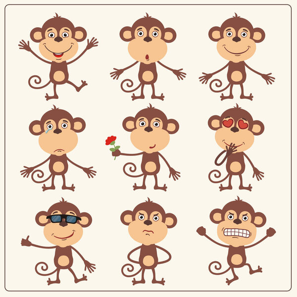 set of cartoon characters of little funny monkeys with different emotions 