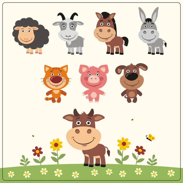 Colección Animales Granja Estilo Dibujos Animados Prado Verano — Vector de stock