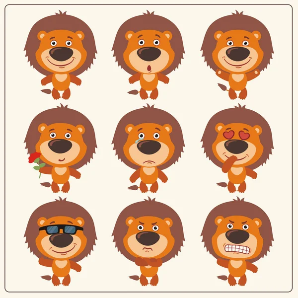 Conjunto Personagens Desenhos Animados Leões Engraçados Com Emoções Diferentes —  Vetores de Stock