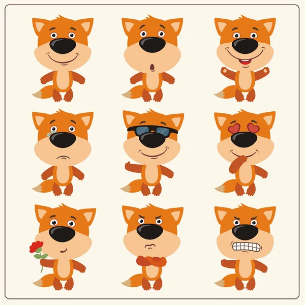 Set Cartoon Characters Little Funny Foxes Different Emotions — Stock Vector