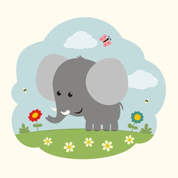 Carte Vœux Avec Personnage Dessin Animé Drôle Éléphant Sur Prairie — Image vectorielle