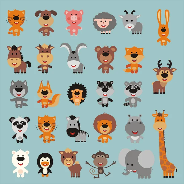 Gran Conjunto Animales Divertidos Estilo Dibujos Animados Vector Ilustración — Vector de stock