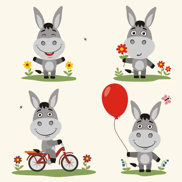 Conjunto Lindos Personajes Dibujos Animados Burros Con Globo Flor Bicicleta — Archivo Imágenes Vectoriales