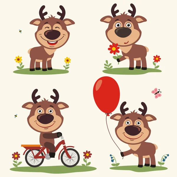 Set Cute Cartoon Characters Deer Balloon Flower Bicycle — Stock Vector