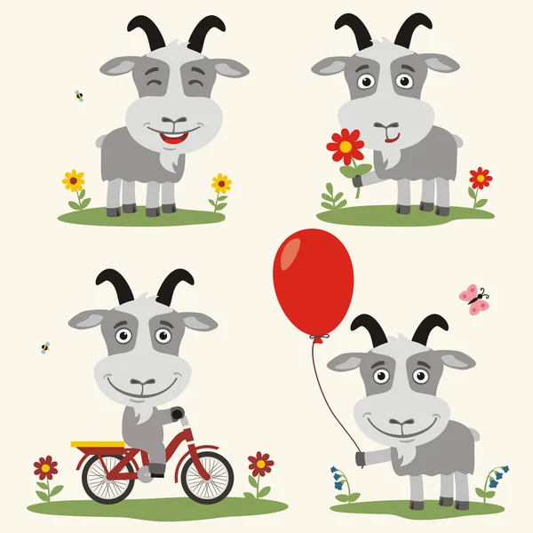 Conjunto Lindos Personajes Dibujos Animados Cabras Con Globo Flor Bicicleta — Vector de stock