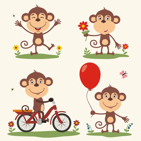 Conjunto Personagens Desenhos Animados Bonitos Macacos Com Balão Flor Bicicleta —  Vetores de Stock