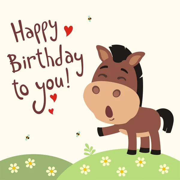 Tarjeta Felicitación Con Lindo Personaje Divertido Dibujos Animados Caballo Cantando — Vector de stock