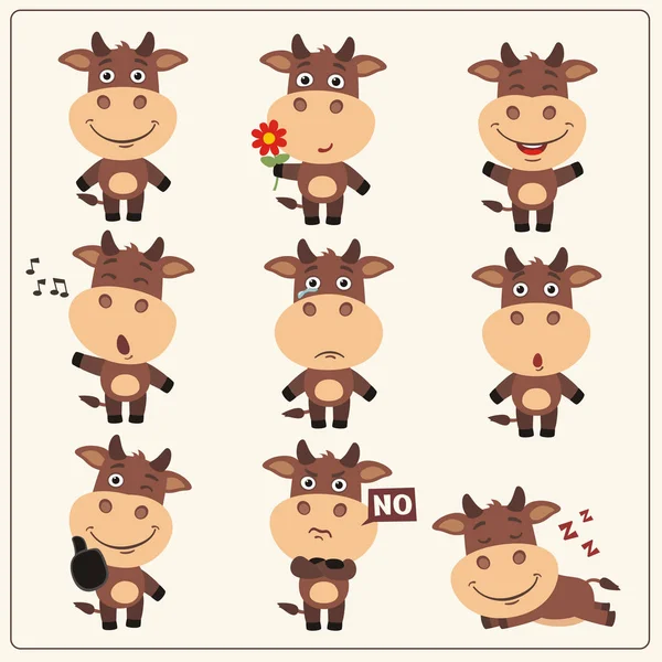 Conjunto Personajes Dibujos Animados Pequeñas Vacas Divertidas Con Diferentes Emociones — Archivo Imágenes Vectoriales