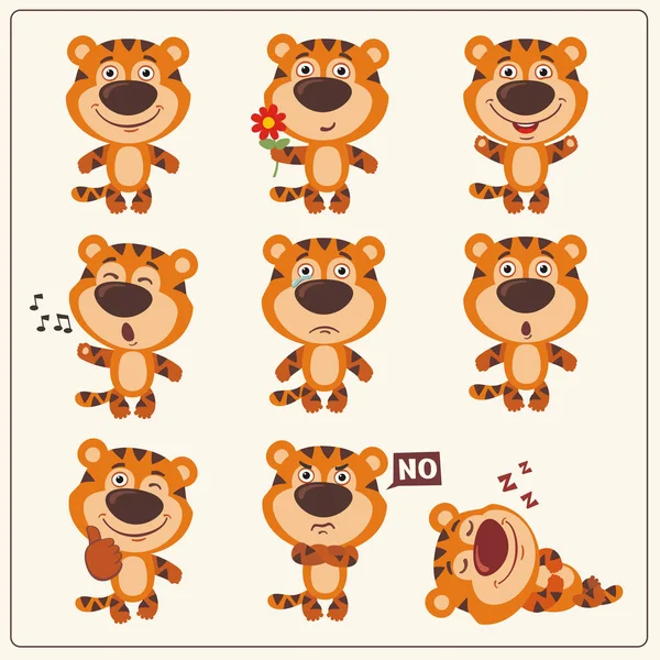 Conjunto Personajes Dibujos Animados Pequeños Tigres Divertidos Con Diferentes Emociones — Archivo Imágenes Vectoriales