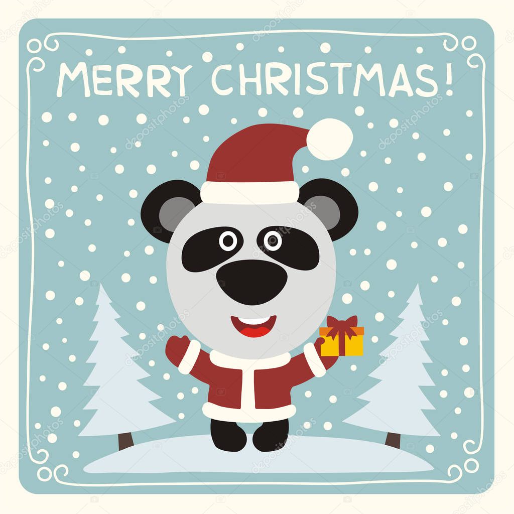 Merry Christmas Greeting card with cute cartoon character of panda in red Santa costume with gift on snowy meadow 