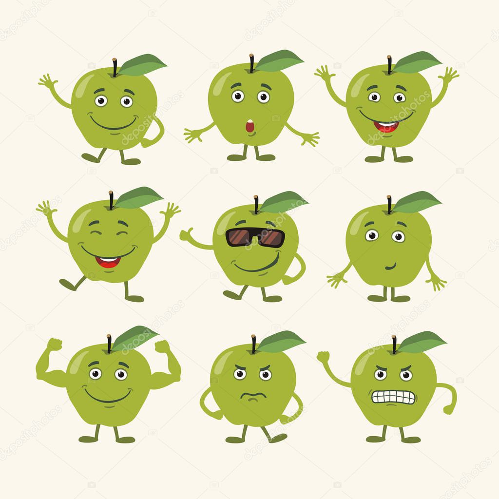 set of green apples in cartoon style with different emotions   