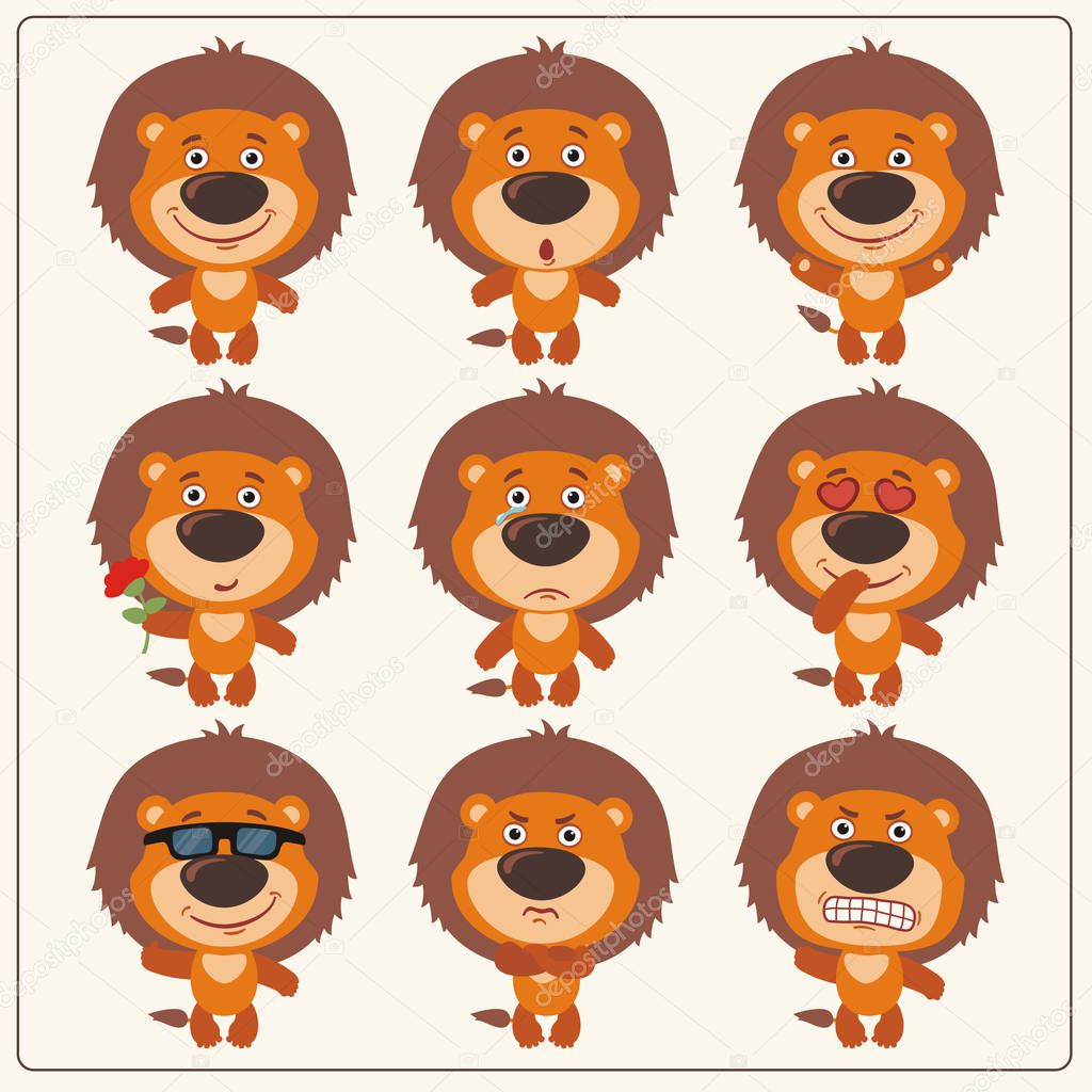 set of cartoon characters of little funny lions with different emotions 