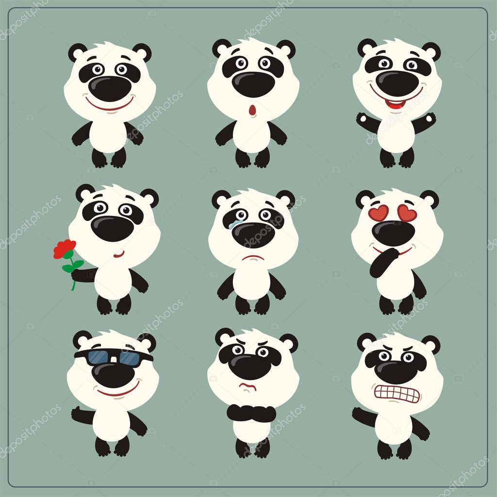 set of cartoon characters of little funny panda bears with different emotions 