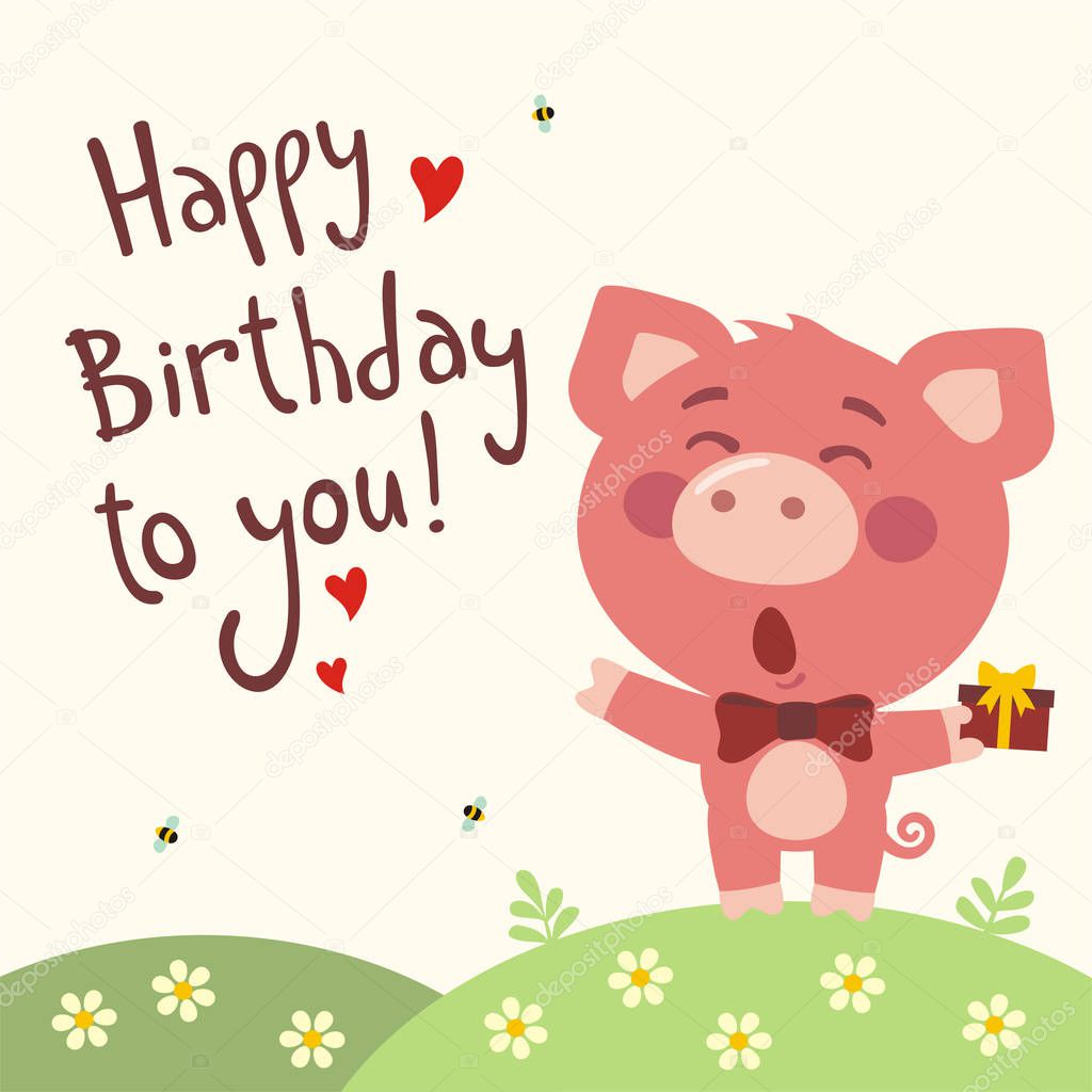 greeting card with cute funny cartoon character of pig with gift on meadow singing Happy birthday song 