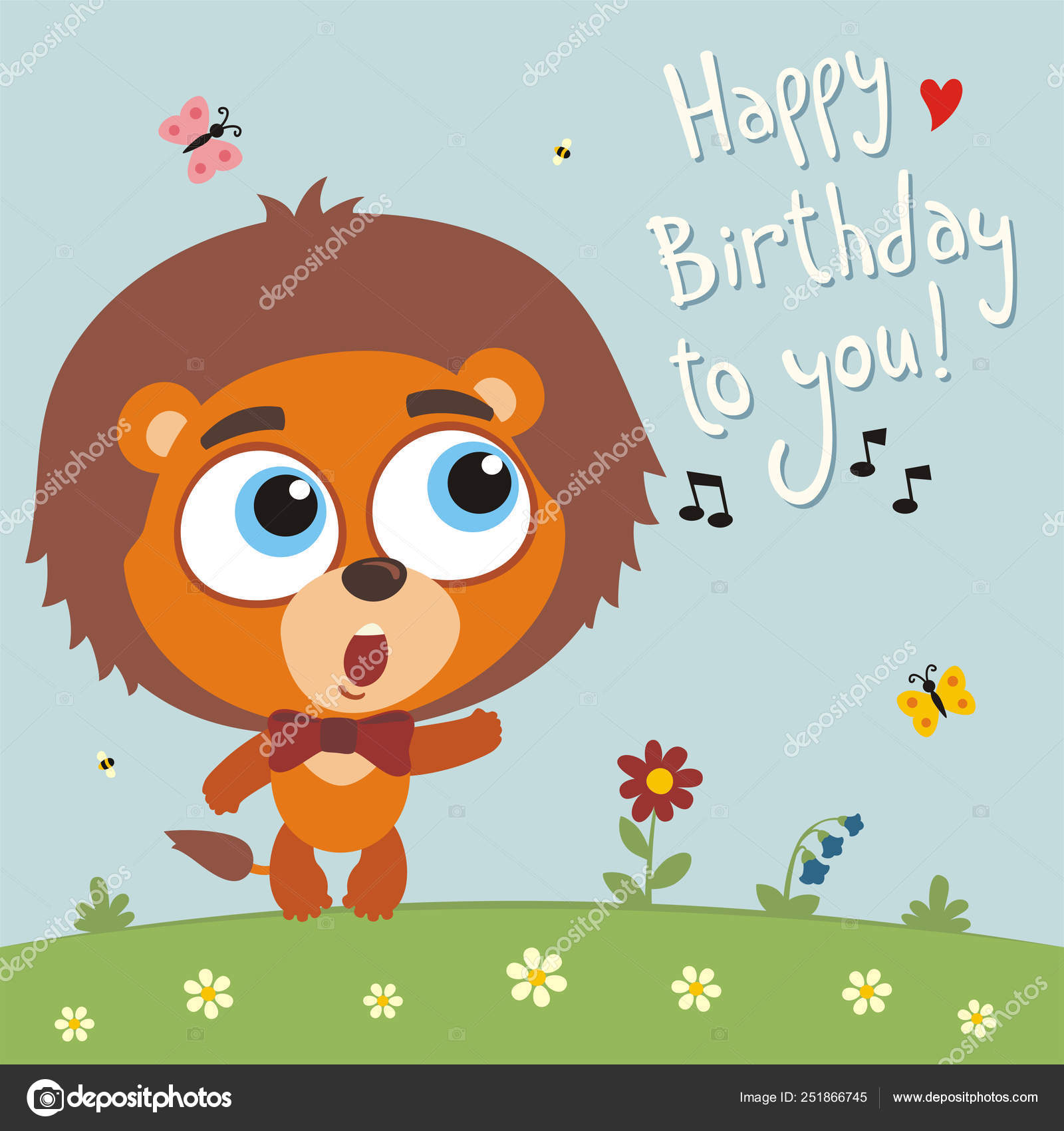 Greeting Card Cute Funny Cartoon Character Lion Big Eyes Singing