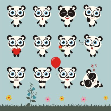 sevimli çizgi film karakter panda ayıları çayır üzerinde farklı duygularla sayısını ayarla 