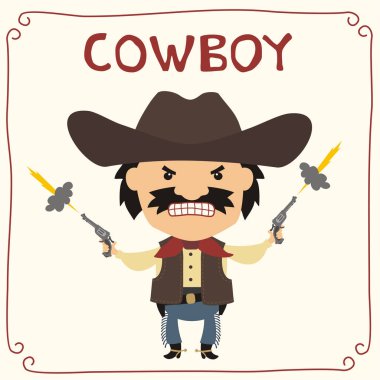 sevimli çizgi film karakteri kızgın kovboy şapkalı silahlı 