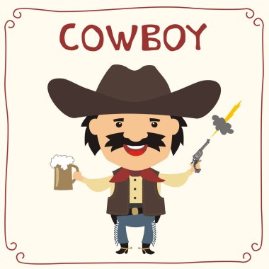 kovboy şapkalı silah ve bira kupa ile şirin komik karikatür karakter 