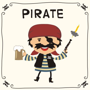 korsan bandana ve siyah göz düzeltme silah ve bira kupa tutan şirin komik karikatür karakter 