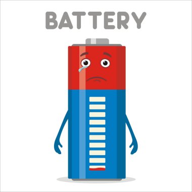 Beyaz arka plan üzerinde izole karikatür tarzı düşük üzücü pil, vektör, illüstrasyon