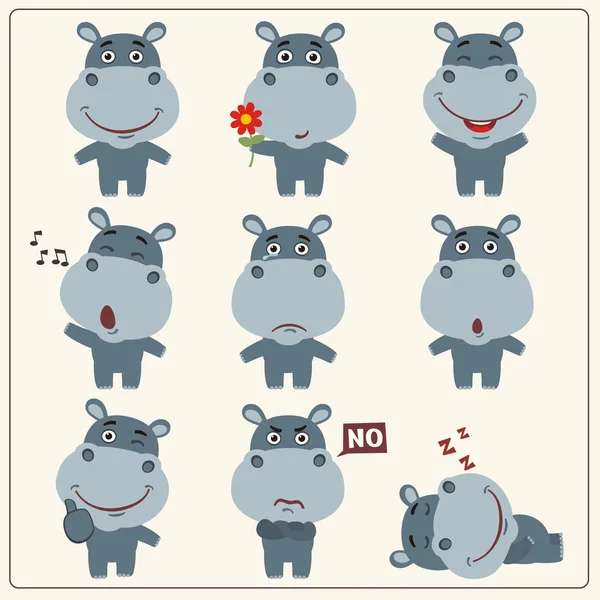 Conjunto Personajes Dibujos Animados Pequeños Hipopótamos Divertidos Con Diferentes Emociones — Archivo Imágenes Vectoriales
