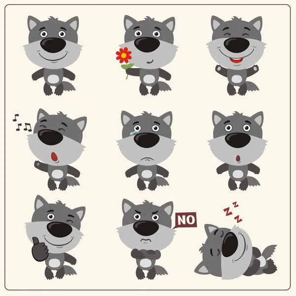 Набір Мультиплікаційних Персонажів Маленьких Смішних Вовків Різними Емоціями — стоковий вектор