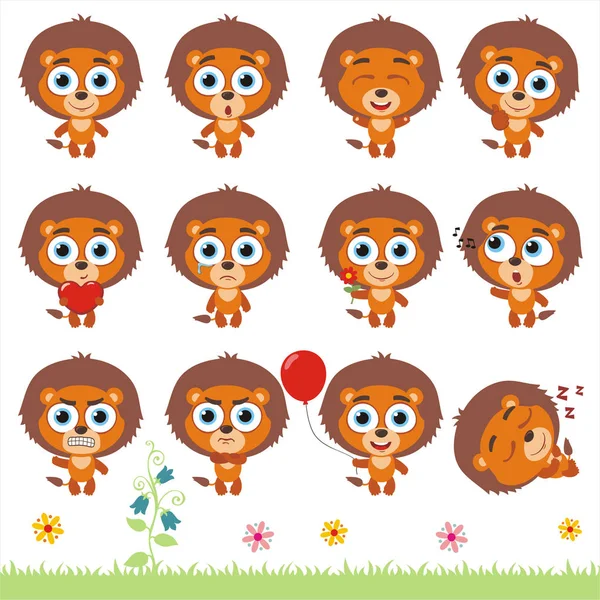 Set Charming Cartoon Characters Lions Different Emotions Meadow — Stock Vector