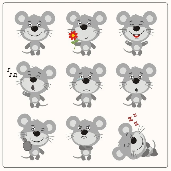 Set Cartoon Characters Little Funny Mouses Different Emotions — Stock Vector