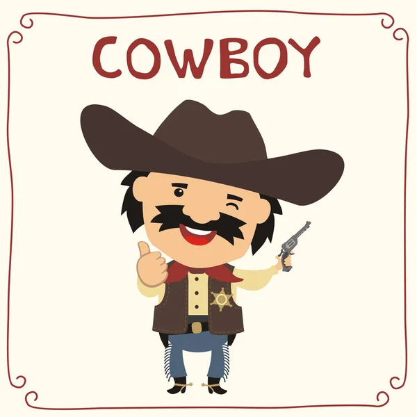 Niedliche Lustige Cartoon Figur Des Cowboys Mit Hut Und Pistole — Stockvektor