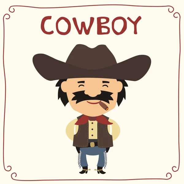 Cute Funny Cartoon Character Cowboy Hat Smoking Cigar — Stock Vector