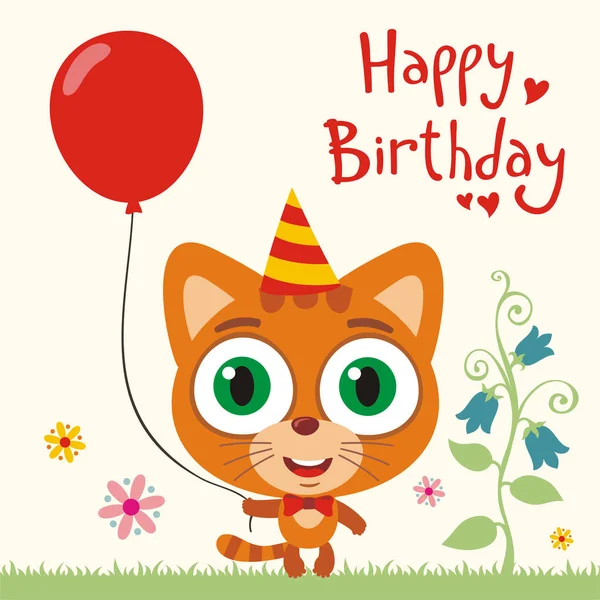 Tarjeta Felicitación Con Lindo Personaje Divertido Dibujos Animados Gatito Con — Vector de stock