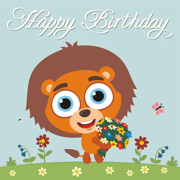 Greeting Card Cute Funny Cartoon Character Lion Big Eyes Holding — Stock Vector