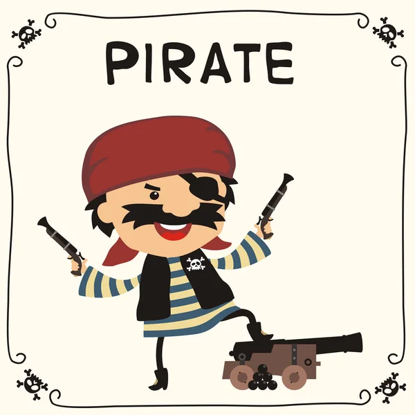 銃と大砲のバンダナと黒い目のパッチで怒っている海賊のかわいい面白い漫画文字 — ストックベクタ