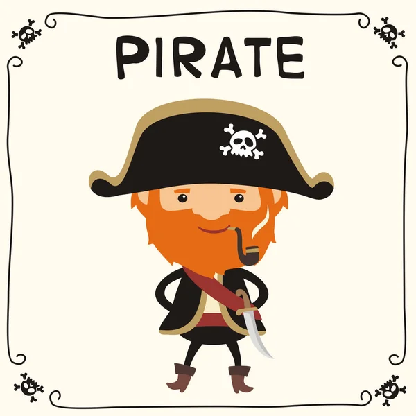 Милый Смешной Мультяшный Персонаж Пирата Рыжей Бородой Трубке Курения Шляпы — стоковый вектор
